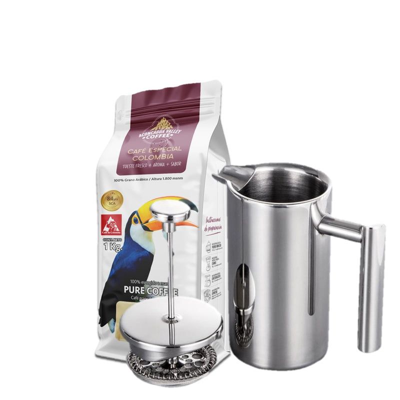 Box Prensa Francesa 700 ml Acero + 1 kilo café Colombia