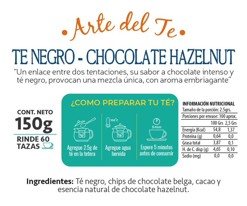 2 Té Negro Chocolate Hazel Nut Total 300 g - Té Gourmet - Arte del Té