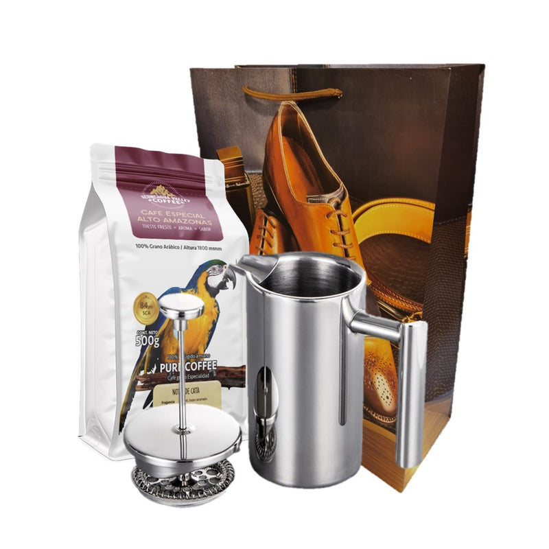 Regalo para Él, 500g Café AltoAmazonas + Prensa 700ml + empaque de regalo