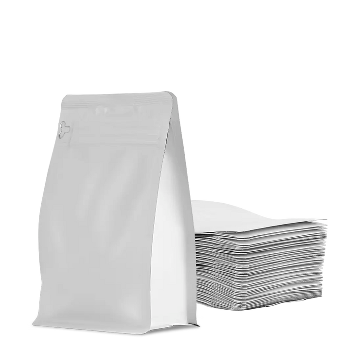 Caja 100 Bolsas Blancas Eco para 250 grs. Doypack zipper + válvula
