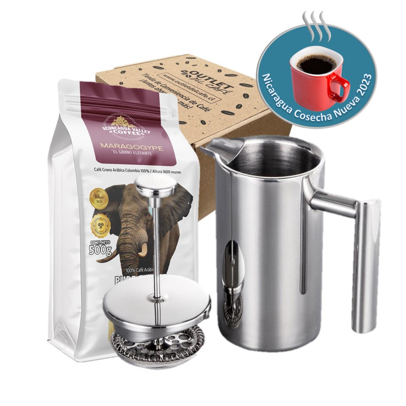 Box Prensa Francesa 700 ml Acero + Cafe 500g Maragogype + envío gratis