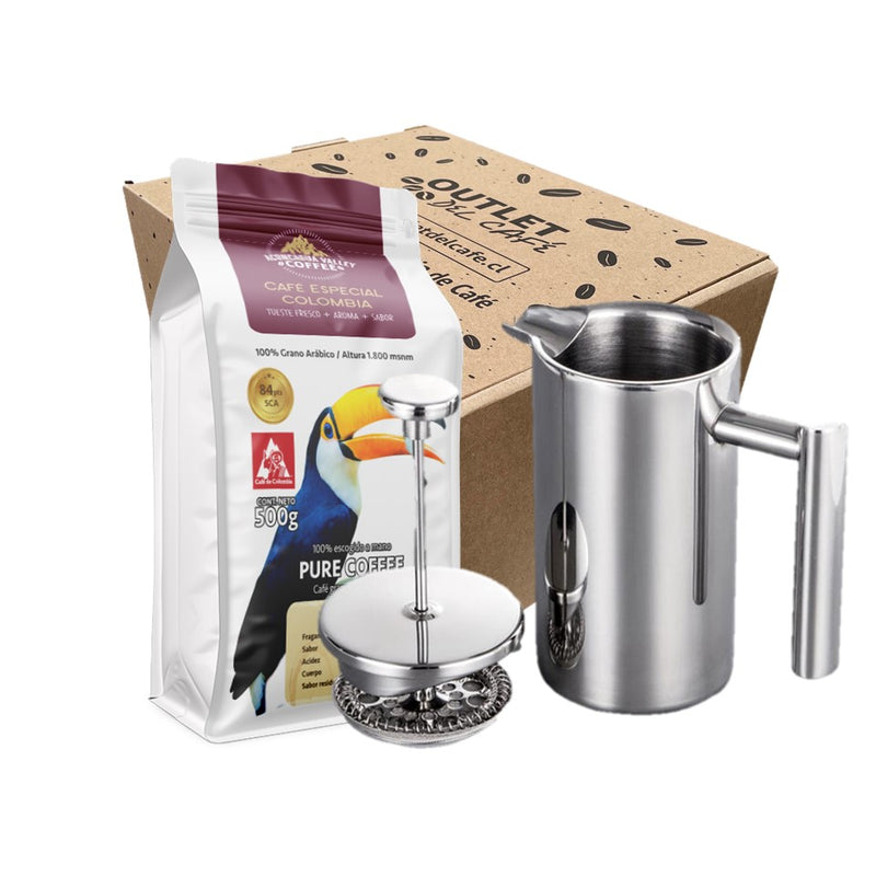 Box Prensa Francesa 700 ml Acero + Cafe 500g Colombia excelso 84 pts