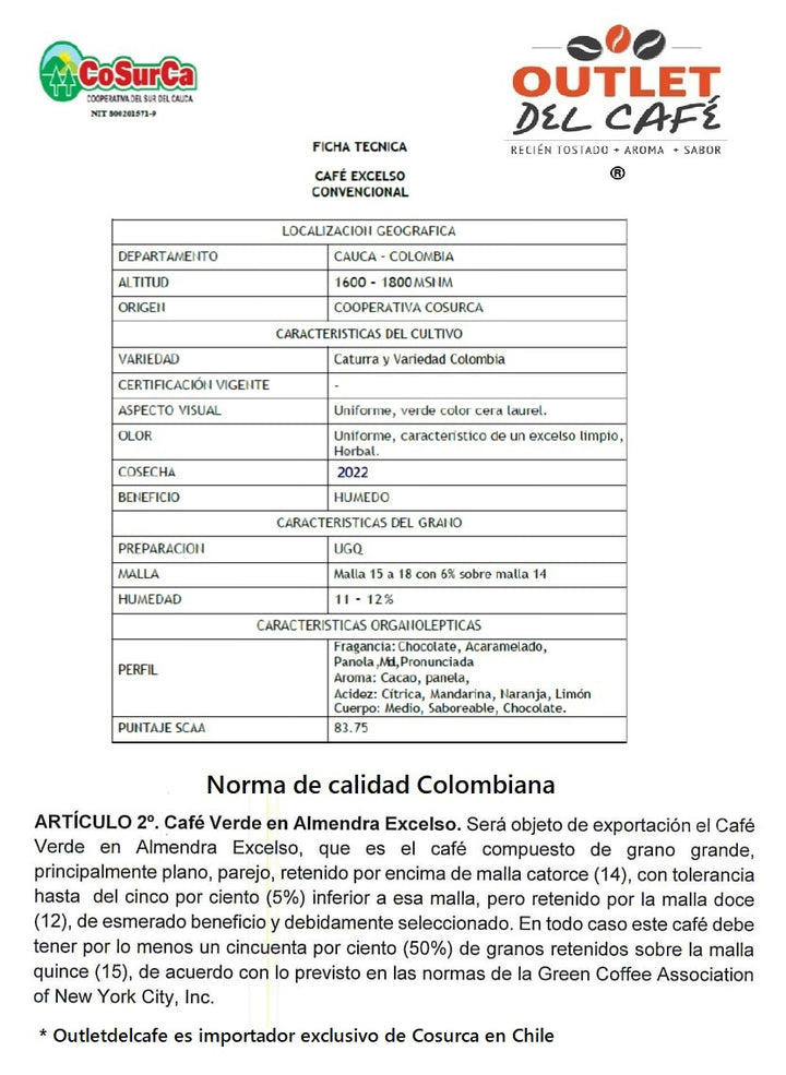 Café verde COLOMBIA EXCELSO COSURCA 84 Pts saco 70 Kilos